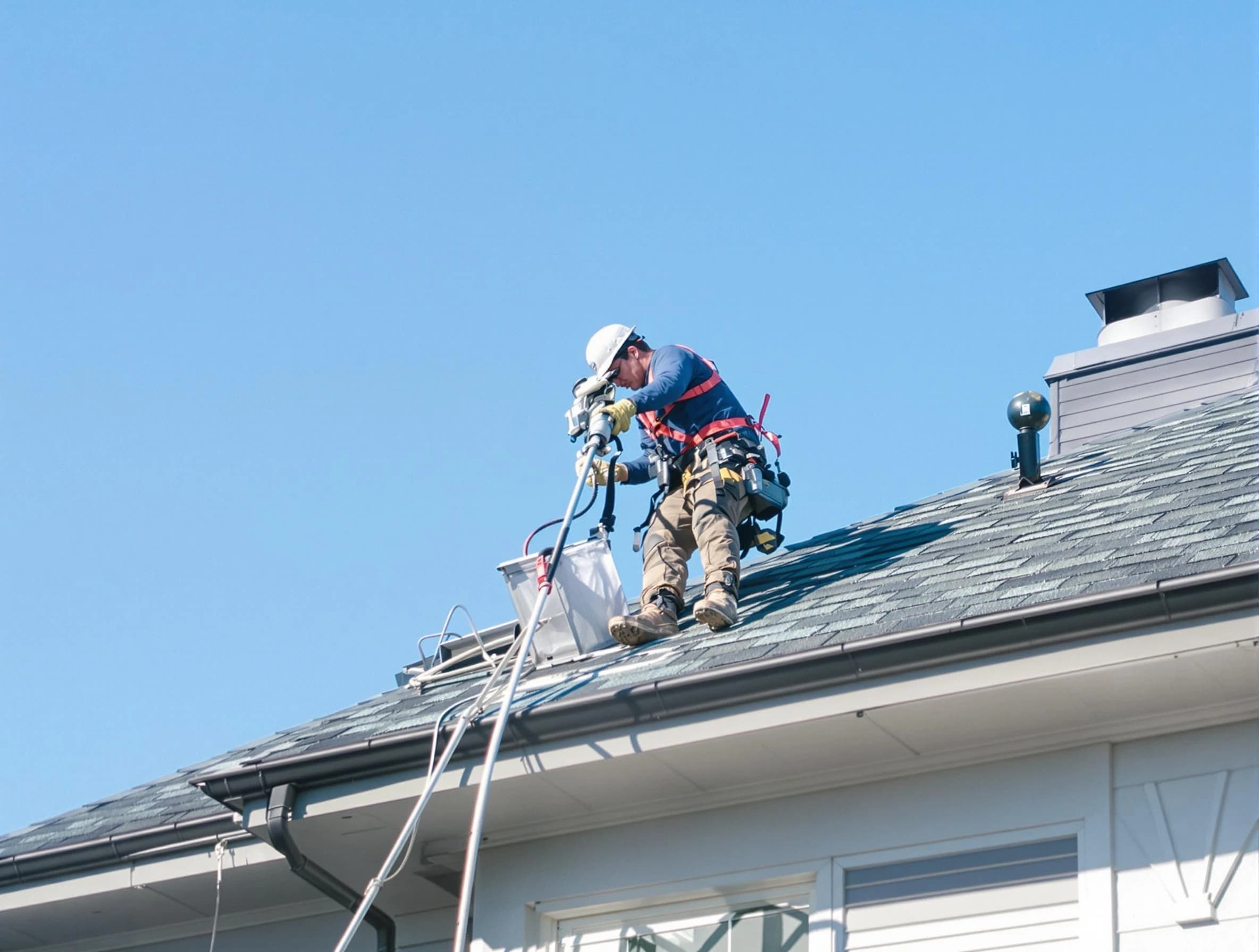 Newcastle Dryer Vent Cleaning certified technician cleaning a roof-mounted dryer vent system in Newcastle