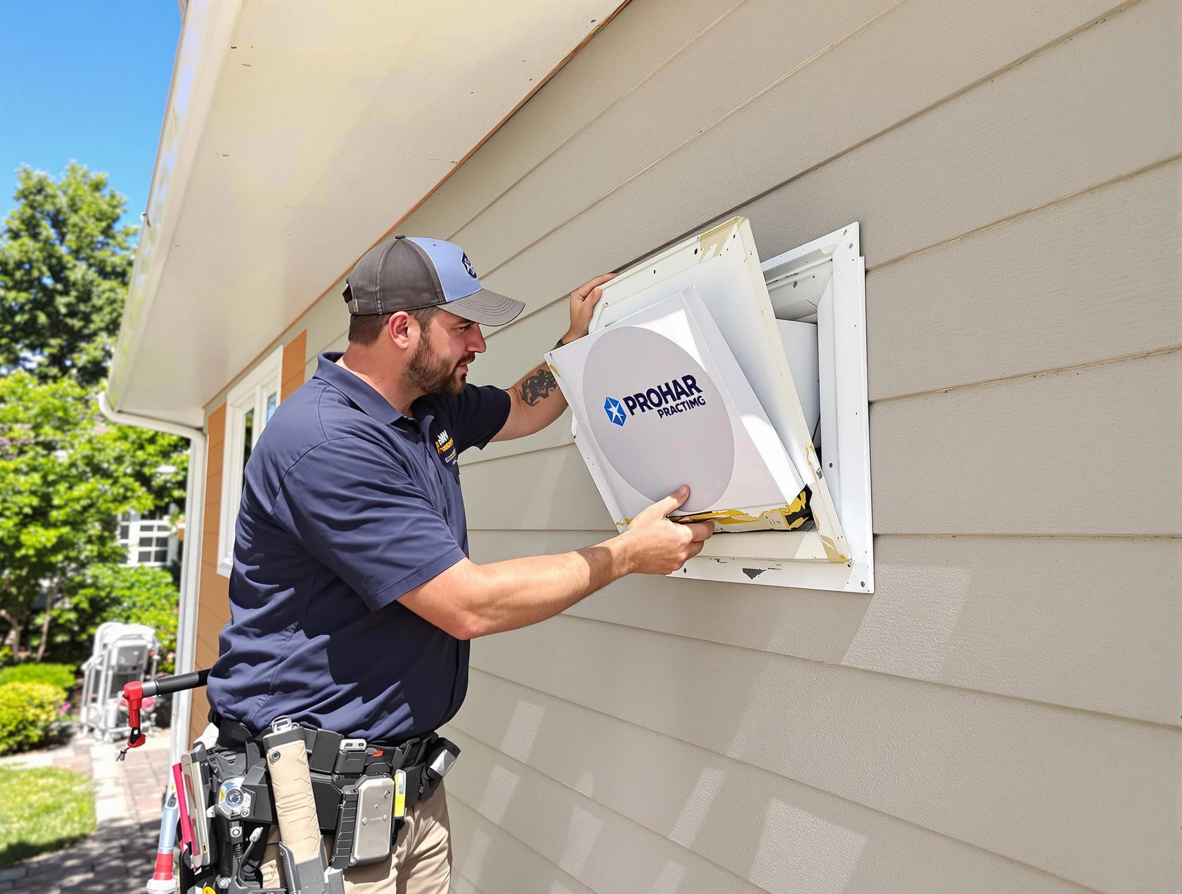 Newcastle Dryer Vent Cleaning technician installing a new protective dryer vent cover on a home in Newcastle