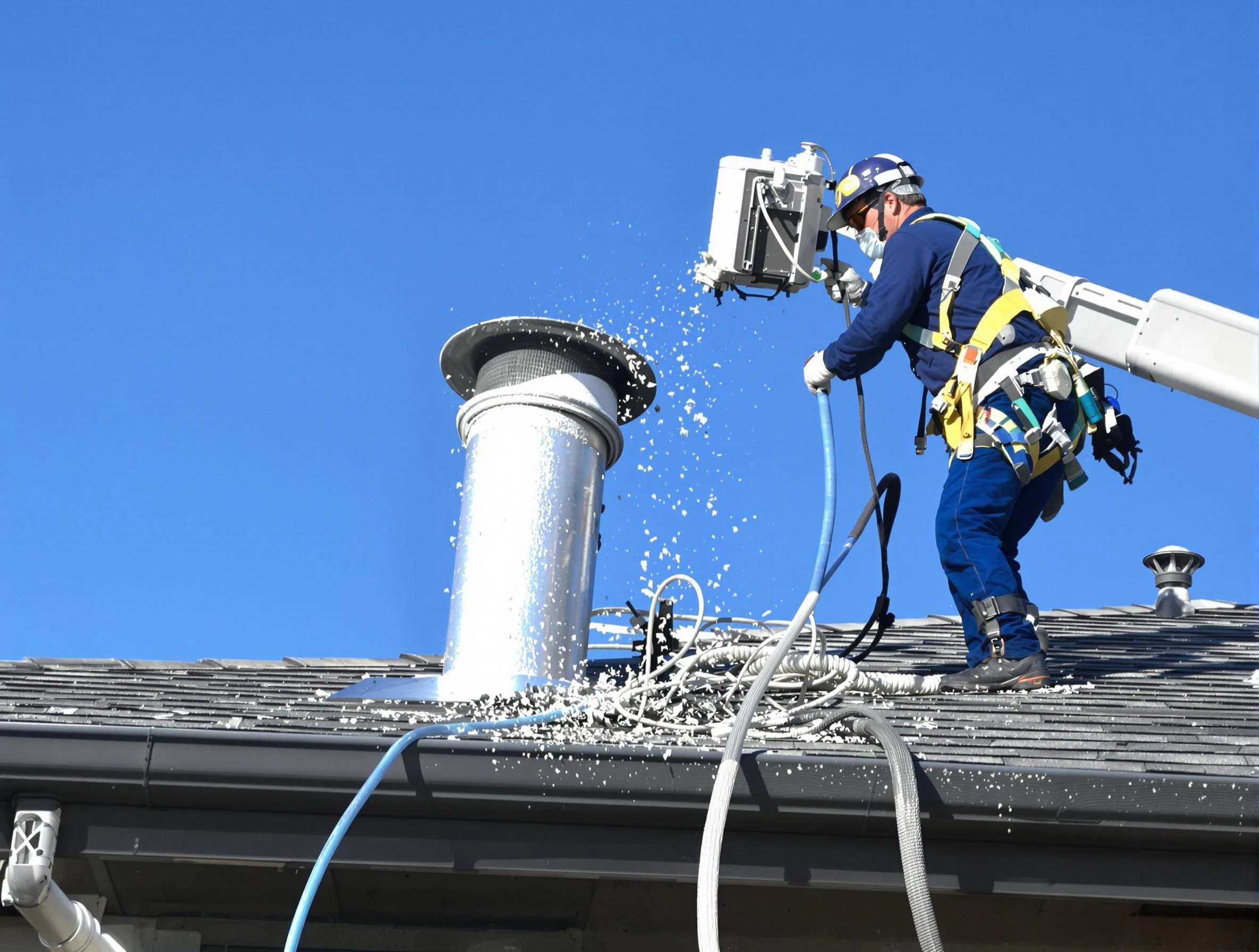 Newcastle Dryer Vent Cleaning certified technician safely cleaning a roof-mounted dryer vent in Newcastle