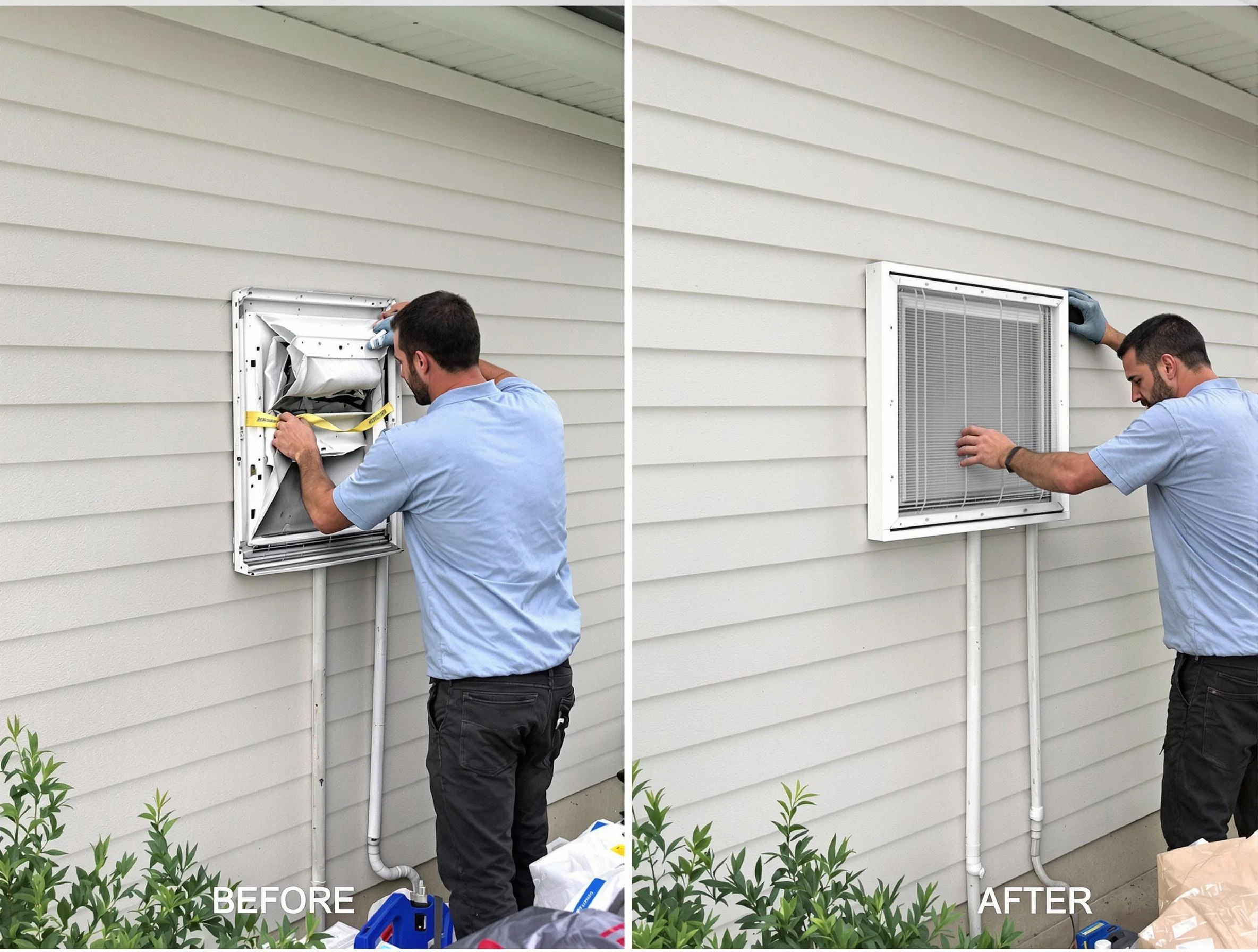Newcastle Dryer Vent Cleaning technician installing high-quality dryer vent cover at a residential property in Newcastle